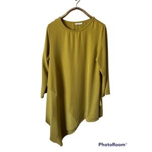 BRYN WALKER Lagenlook Linen Tunic XL Asymmetrical Hem Yellow Green Chartreuse